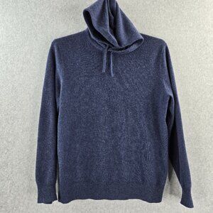 J Crew Hoodie Sweater Mens Large Blue 100% Cashmere Pullover Drawstring Ribbed